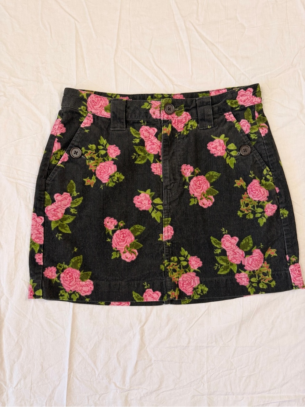 wild fable Black Corduroy Mini Skirt with Pink Rose Print